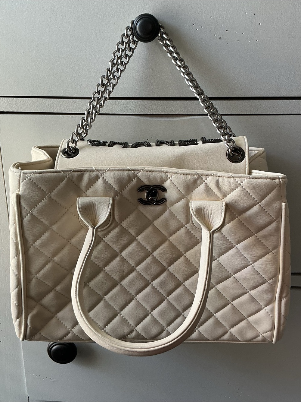 Cream Quilted Inspired Chain Tote Bag | Black Hardware | Statement Purse